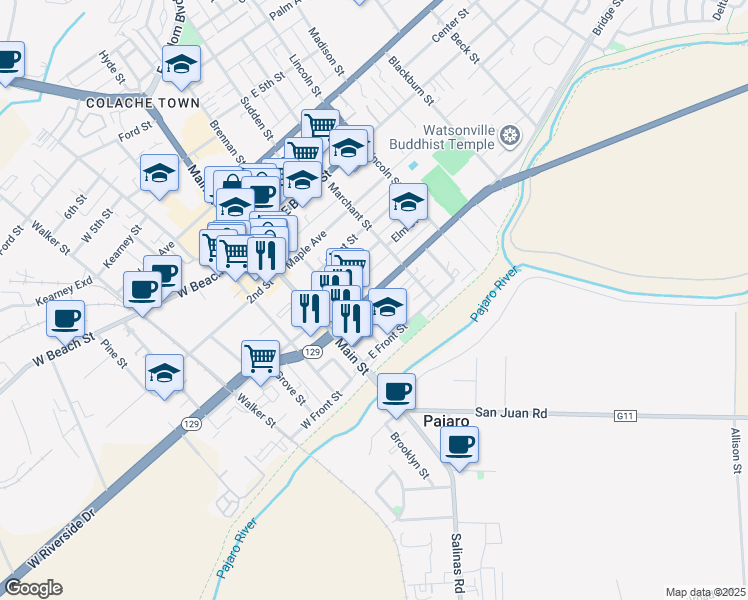 map of restaurants, bars, coffee shops, grocery stores, and more near 124 Riverside Drive in Watsonville