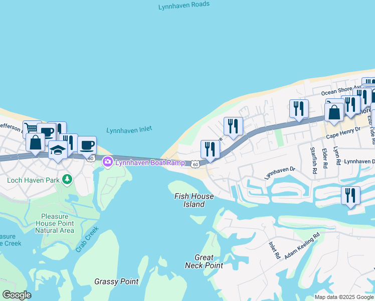 map of restaurants, bars, coffee shops, grocery stores, and more near 3300 Ocean Shore Avenue in Virginia Beach