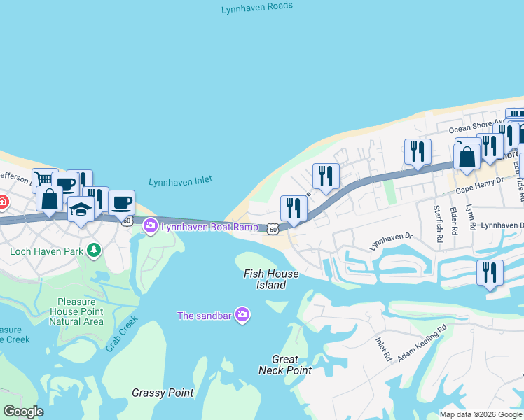 map of restaurants, bars, coffee shops, grocery stores, and more near 3288 Page Avenue in Virginia Beach