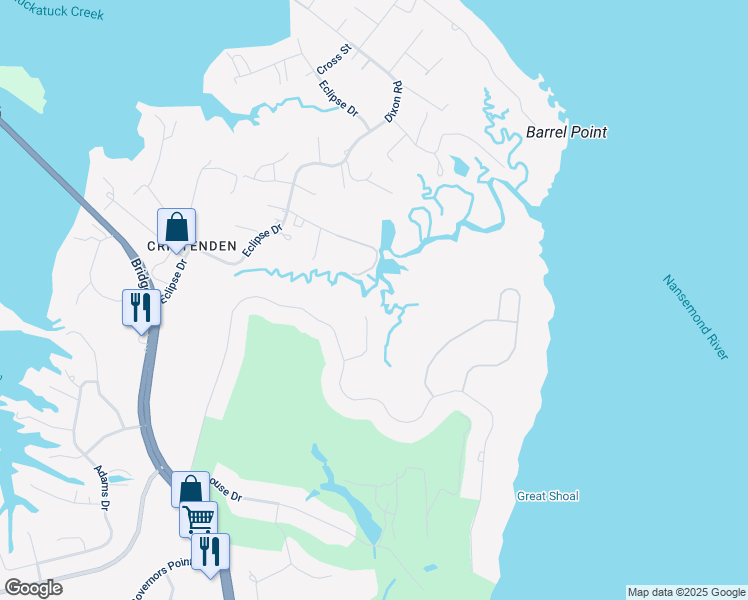 map of restaurants, bars, coffee shops, grocery stores, and more near 2029 Heron Court in Suffolk