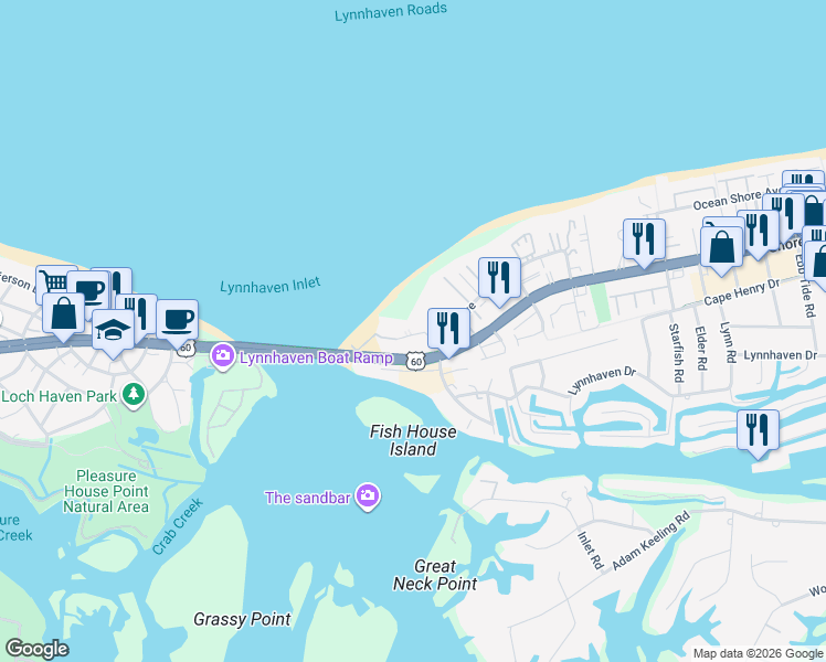 map of restaurants, bars, coffee shops, grocery stores, and more near 3300 Ocean Shore Avenue in Virginia Beach