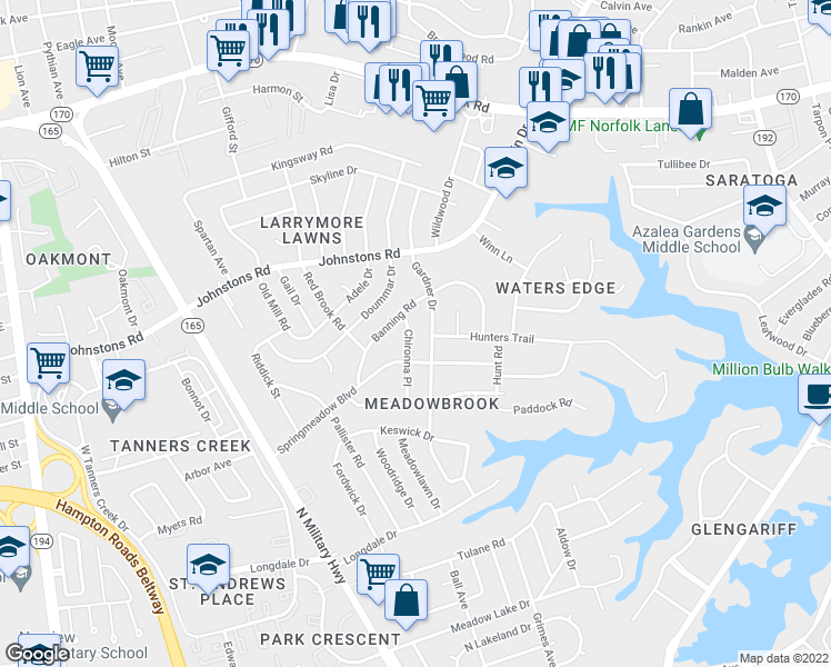 map of restaurants, bars, coffee shops, grocery stores, and more near 6942 Chironna Place in Norfolk