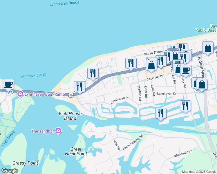 map of restaurants, bars, coffee shops, grocery stores, and more near 3115 Tidal Bay Lane in Virginia Beach