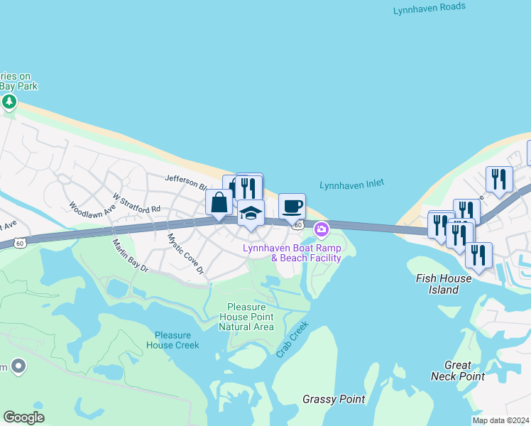 map of restaurants, bars, coffee shops, grocery stores, and more near 3670 Sea Gull Bluff Drive in Virginia Beach