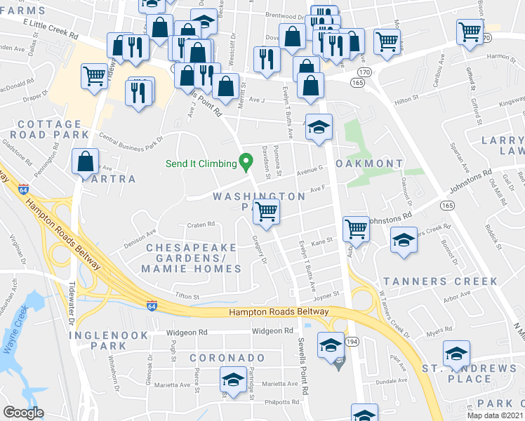 map of restaurants, bars, coffee shops, grocery stores, and more near in Norfolk