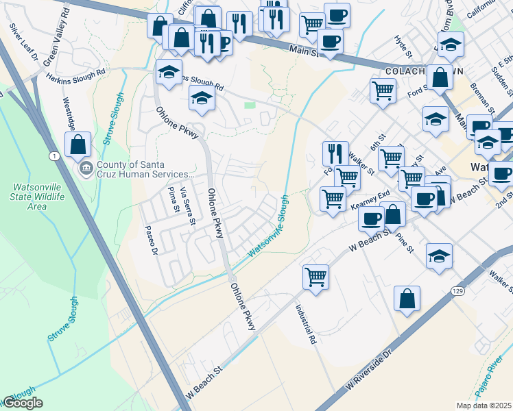map of restaurants, bars, coffee shops, grocery stores, and more near 409 San Luis Avenue in Watsonville