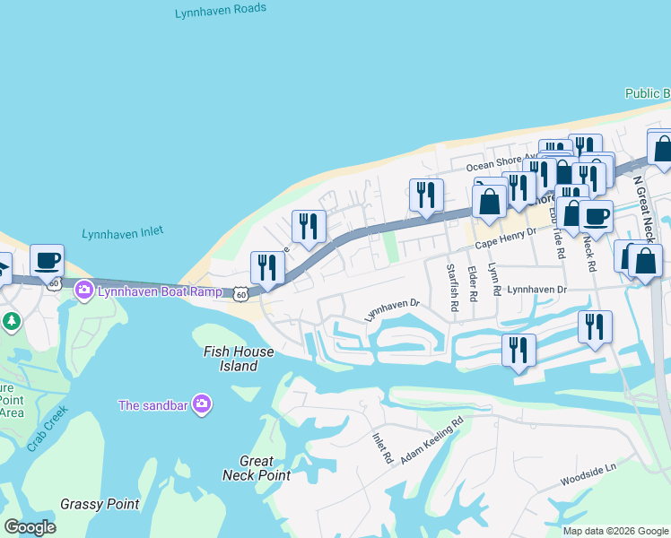 map of restaurants, bars, coffee shops, grocery stores, and more near 3200 Jade Court in Virginia Beach