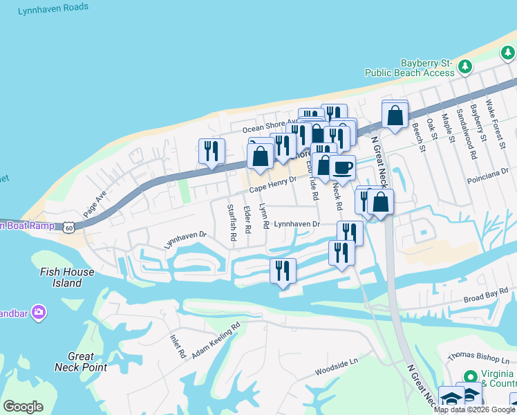 map of restaurants, bars, coffee shops, grocery stores, and more near 3001 Cape Henry Drive in Virginia Beach
