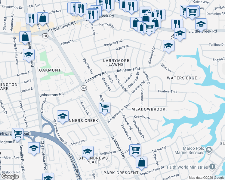 map of restaurants, bars, coffee shops, grocery stores, and more near 7008 Old Mill Road in Norfolk