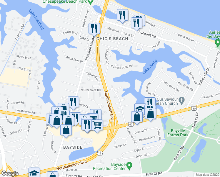 map of restaurants, bars, coffee shops, grocery stores, and more near 2300 Greenwell Road in Virginia Beach