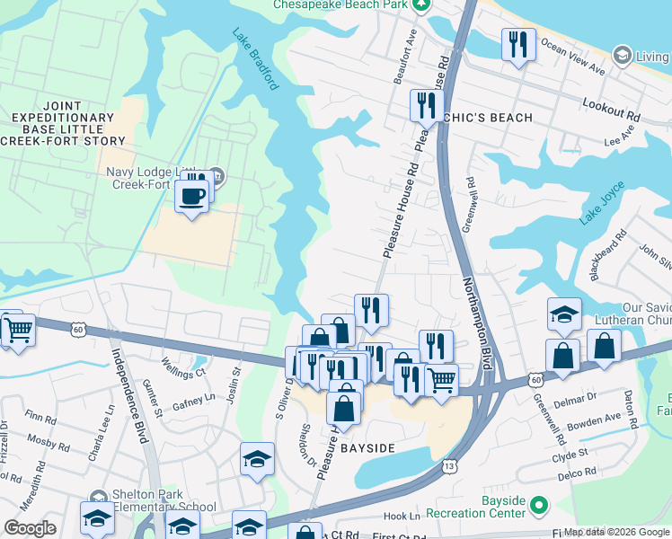 map of restaurants, bars, coffee shops, grocery stores, and more near 4825 Lake Bradford Lane in Virginia Beach