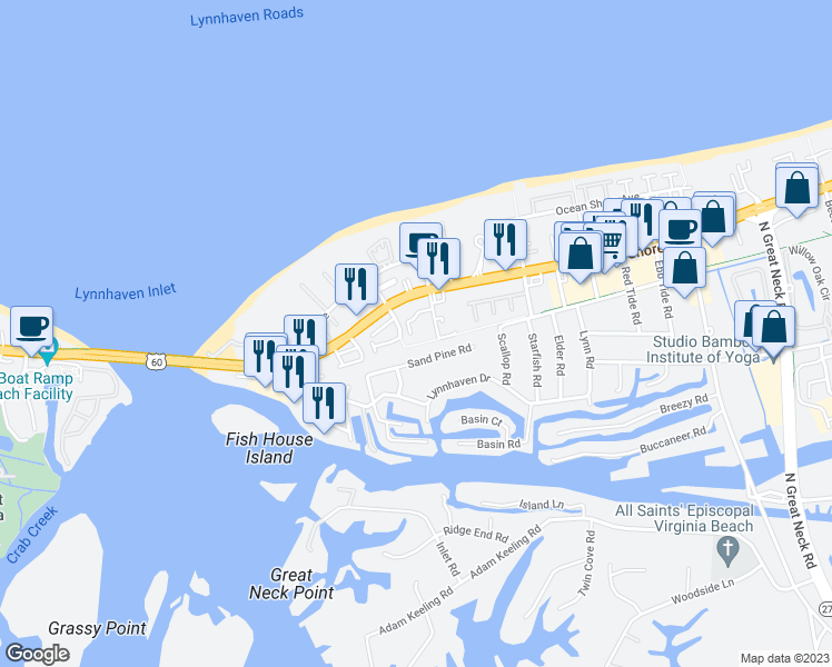 map of restaurants, bars, coffee shops, grocery stores, and more near 3115 Tidal Bay Lane in Virginia Beach