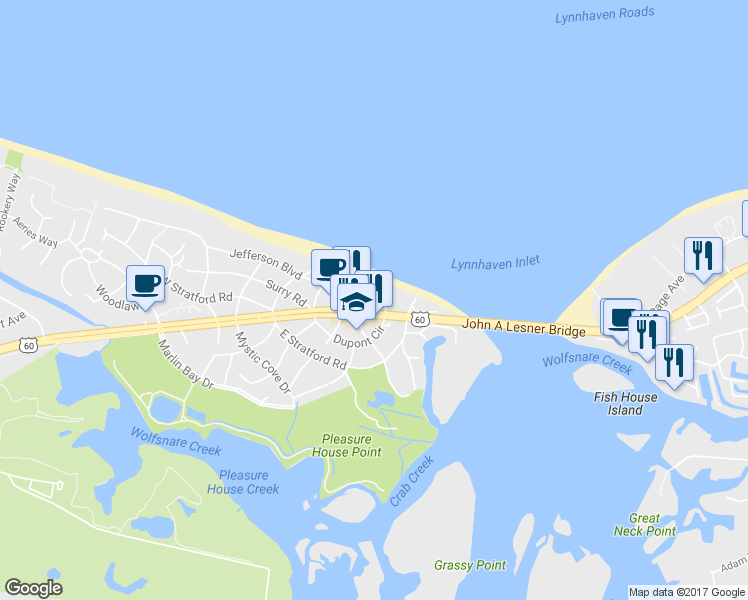 map of restaurants, bars, coffee shops, grocery stores, and more near 3800 Dupont Circle in Virginia Beach