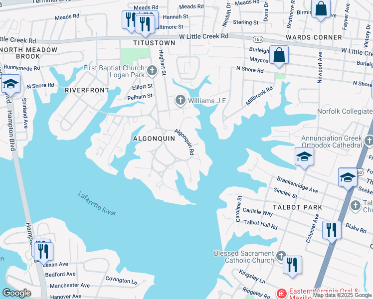 map of restaurants, bars, coffee shops, grocery stores, and more near 1067 Algonquin Road in Norfolk