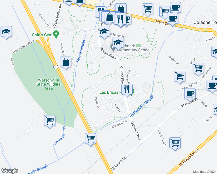 map of restaurants, bars, coffee shops, grocery stores, and more near 27 Pima Street in Watsonville
