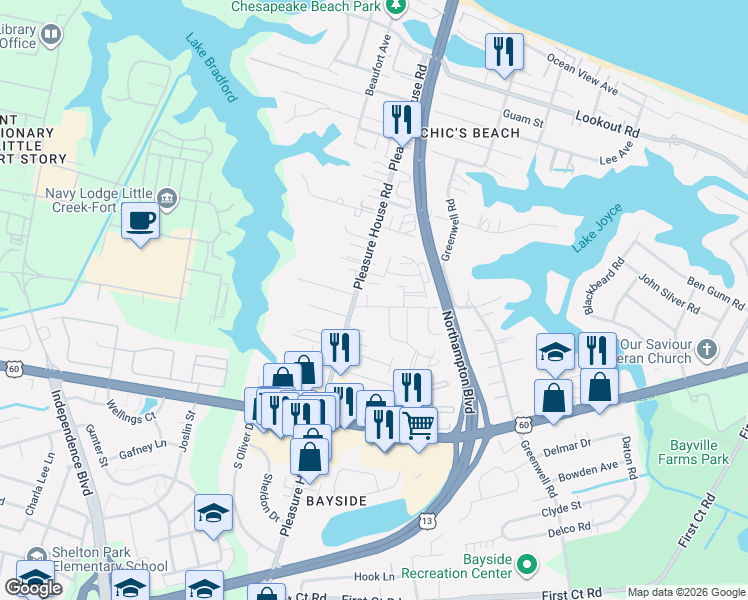 map of restaurants, bars, coffee shops, grocery stores, and more near 4705 Windshore Drive in Virginia Beach