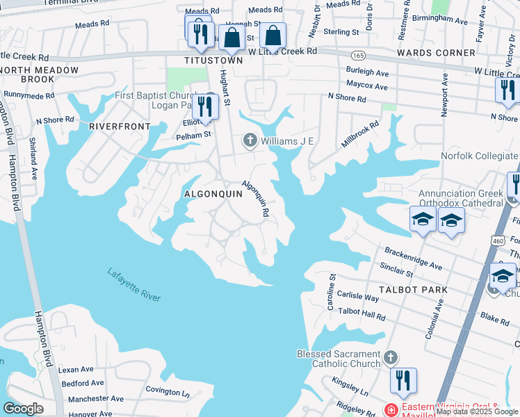 map of restaurants, bars, coffee shops, grocery stores, and more near 1067 Algonquin Road in Norfolk