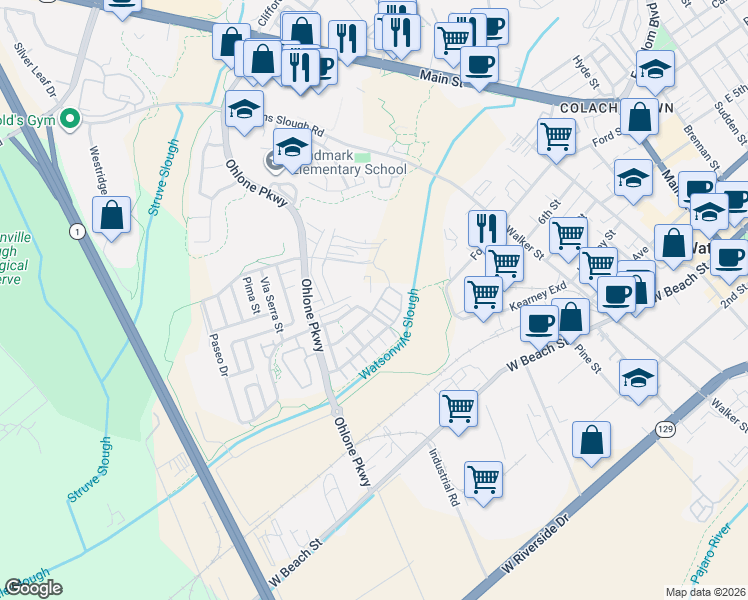map of restaurants, bars, coffee shops, grocery stores, and more near 417 San Luis Avenue in Watsonville