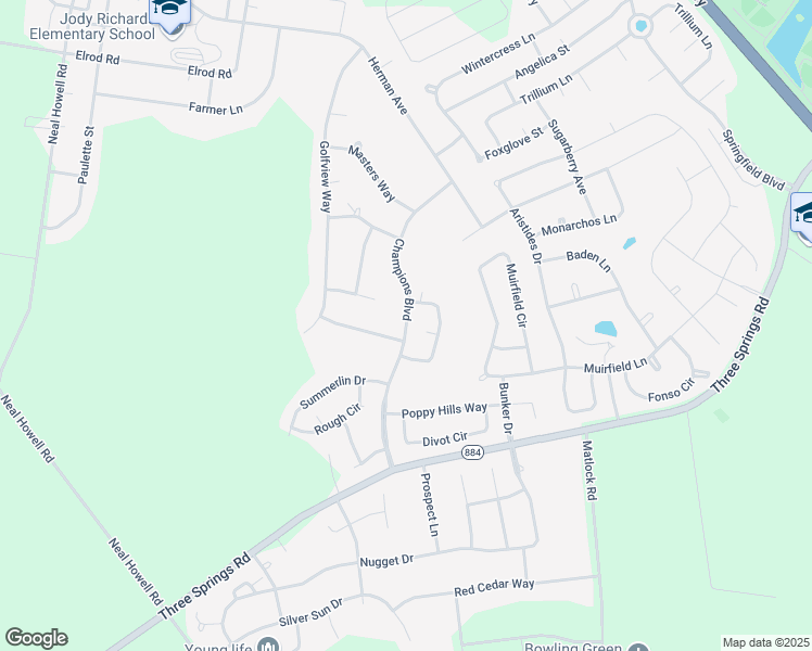 map of restaurants, bars, coffee shops, grocery stores, and more near Champions Boulevard in Bowling Green