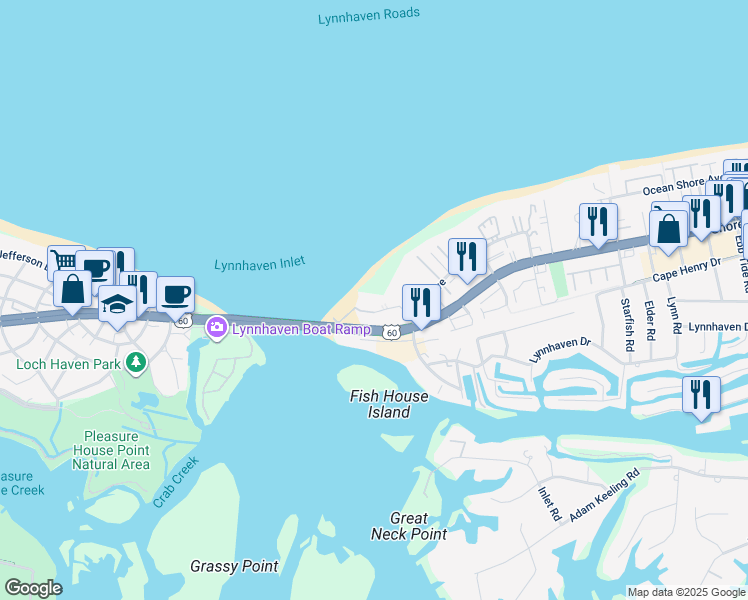 map of restaurants, bars, coffee shops, grocery stores, and more near 3300 Ocean Shore Avenue in Virginia Beach