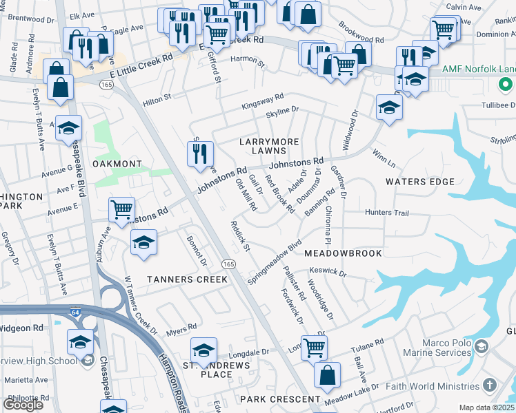 map of restaurants, bars, coffee shops, grocery stores, and more near 6908 Old Mill Road in Norfolk