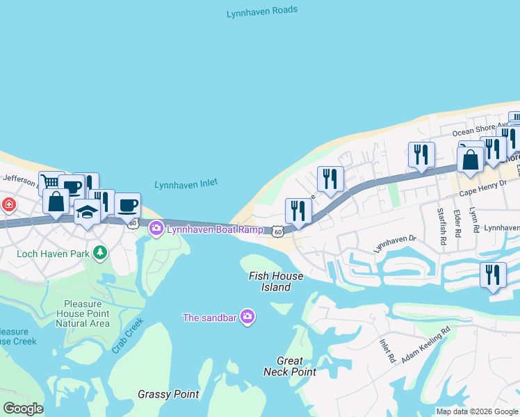 map of restaurants, bars, coffee shops, grocery stores, and more near 3300 Ocean Shore Avenue in Virginia Beach