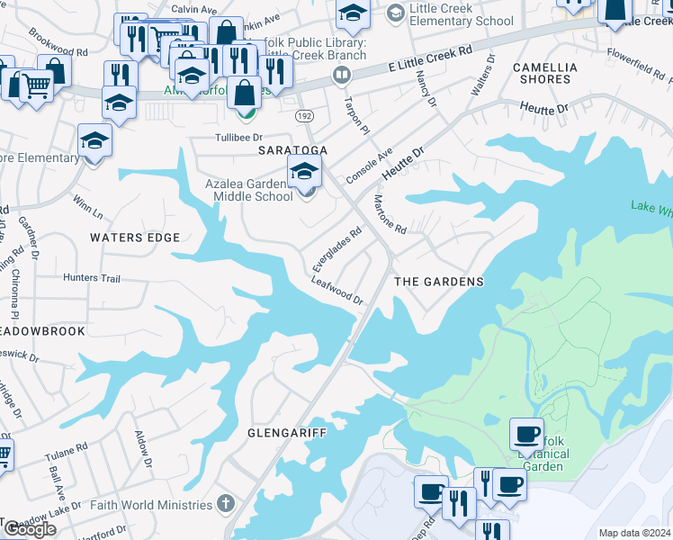 map of restaurants, bars, coffee shops, grocery stores, and more near 2410 Blueberry Road in Norfolk