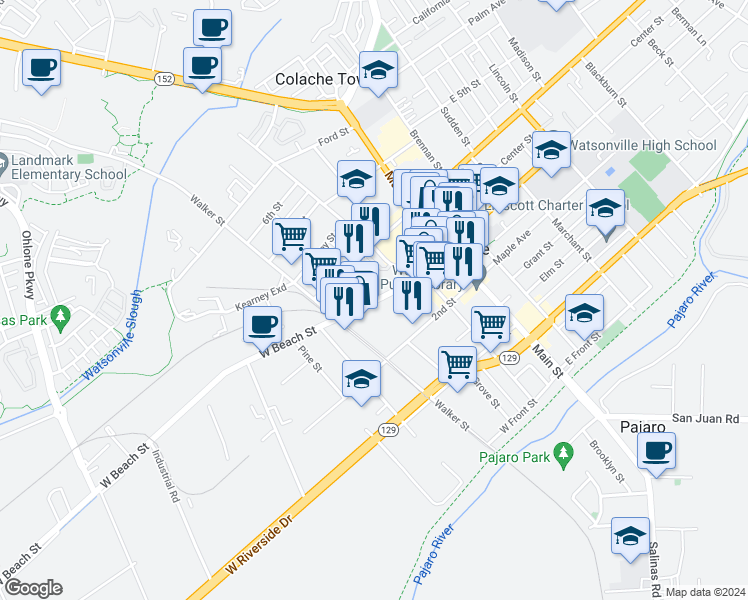 map of restaurants, bars, coffee shops, grocery stores, and more near 134 West Beach Street in Watsonville