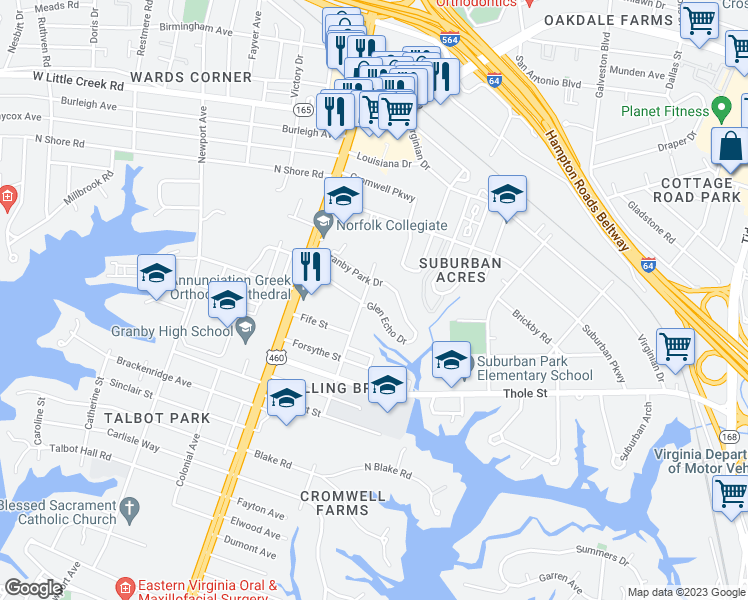 map of restaurants, bars, coffee shops, grocery stores, and more near 201 Granby Park Drive in Norfolk