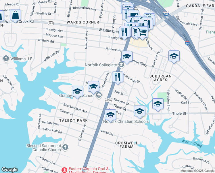 map of restaurants, bars, coffee shops, grocery stores, and more near 7217 Remsen Street in Norfolk
