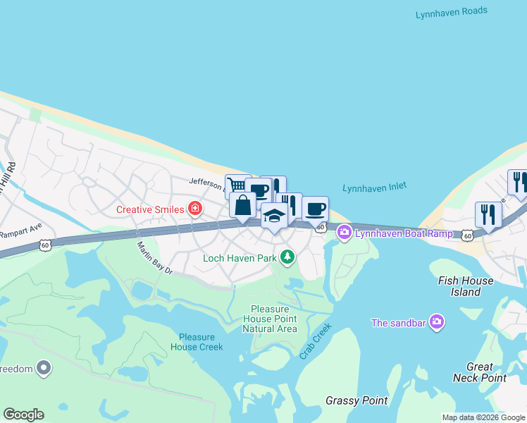 map of restaurants, bars, coffee shops, grocery stores, and more near 2216 Rockbridge Road in Virginia Beach
