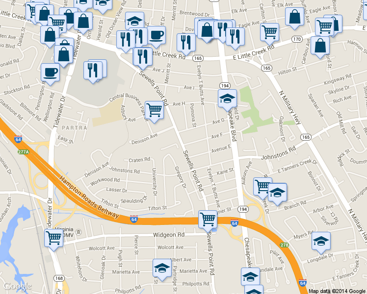 map of restaurants, bars, coffee shops, grocery stores, and more near in Norfolk