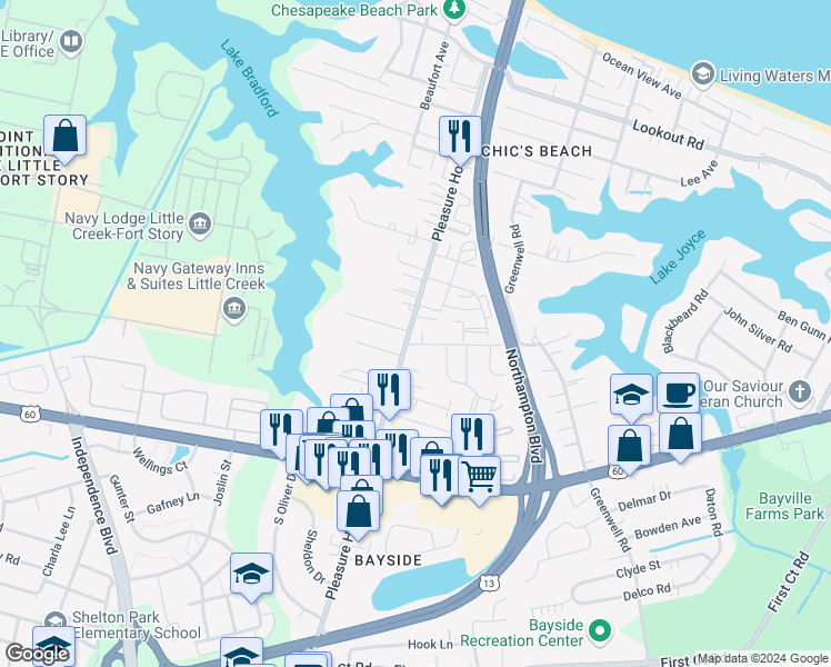 map of restaurants, bars, coffee shops, grocery stores, and more near 2309 Merl Circle in Virginia Beach