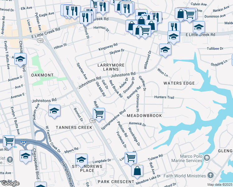 map of restaurants, bars, coffee shops, grocery stores, and more near 7001 Red Brook Road in Norfolk