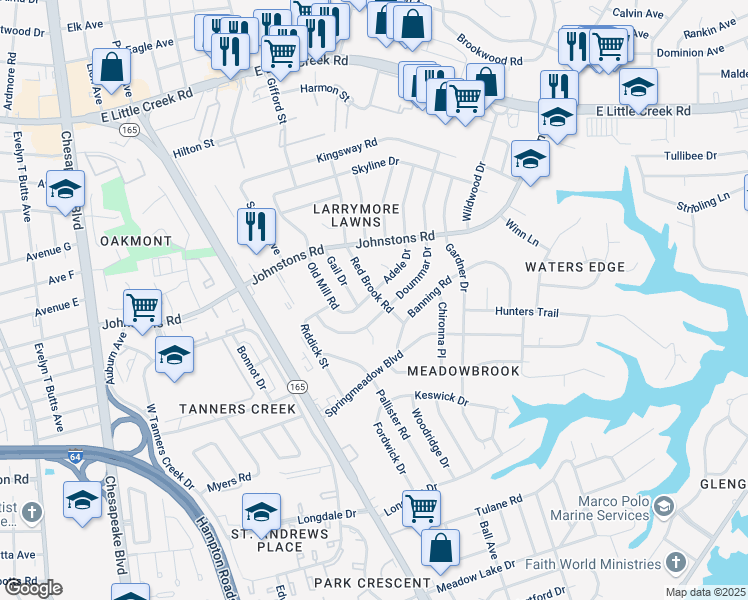 map of restaurants, bars, coffee shops, grocery stores, and more near 7001 Red Brook Road in Norfolk
