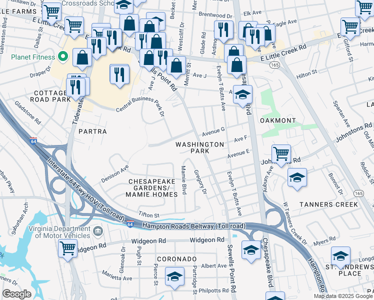 map of restaurants, bars, coffee shops, grocery stores, and more near 965 Denison Avenue in Norfolk