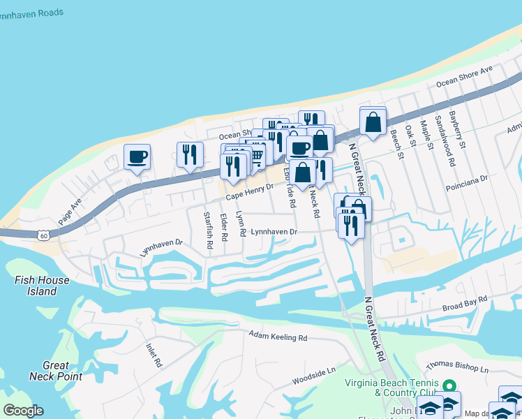 map of restaurants, bars, coffee shops, grocery stores, and more near 2948 Summerhaven Road in Virginia Beach