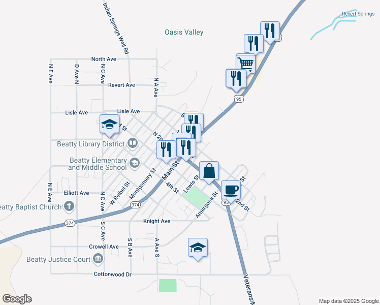 map of restaurants, bars, coffee shops, grocery stores, and more near in Beatty