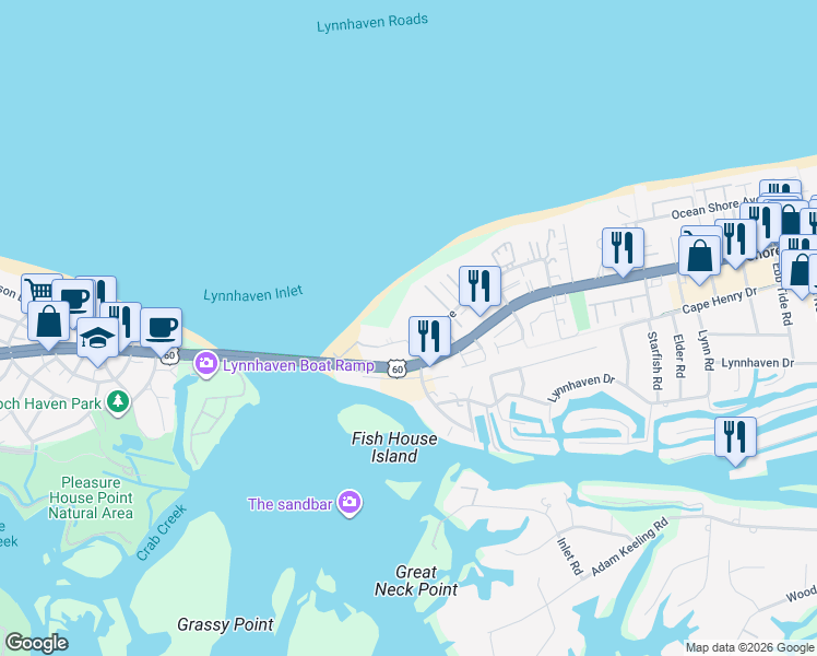 map of restaurants, bars, coffee shops, grocery stores, and more near 3288 Page Avenue in Virginia Beach