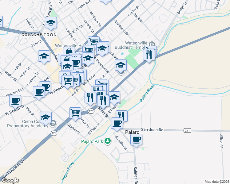 map of restaurants, bars, coffee shops, grocery stores, and more near 158 East Riverside Drive in Watsonville