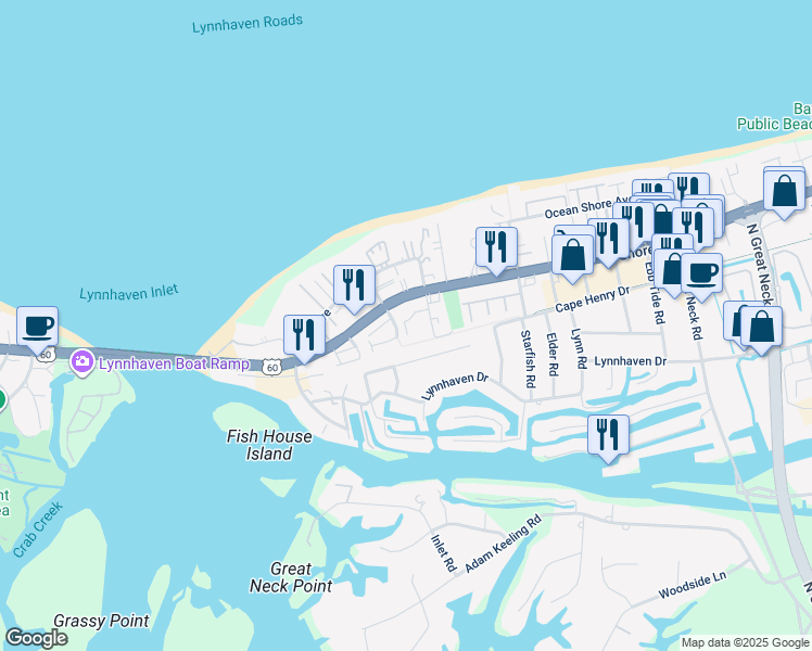 map of restaurants, bars, coffee shops, grocery stores, and more near 3115 Tidal Bay Lane in Virginia Beach