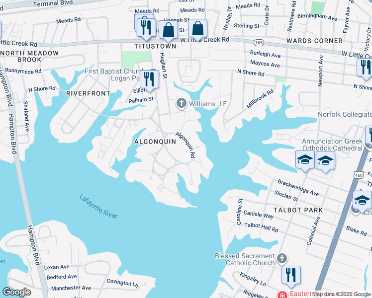 map of restaurants, bars, coffee shops, grocery stores, and more near 1071 Algonquin Road in Norfolk