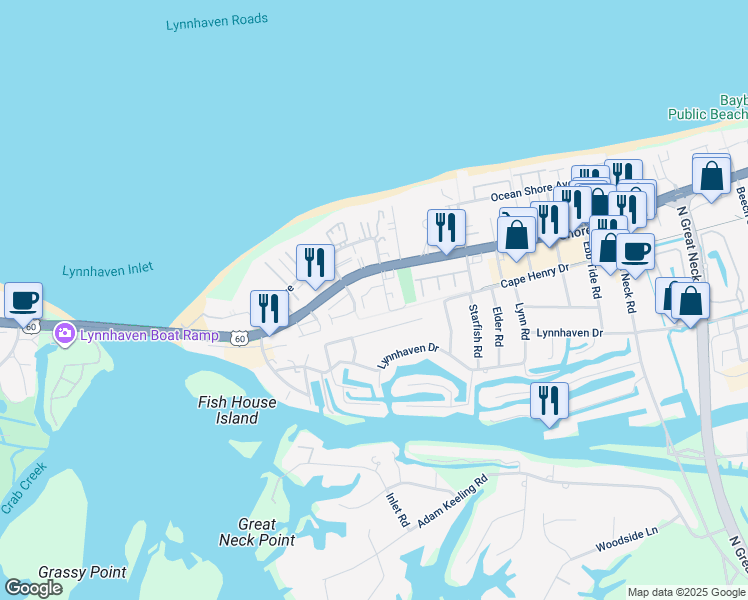 map of restaurants, bars, coffee shops, grocery stores, and more near 2229 Kleen Street in Virginia Beach