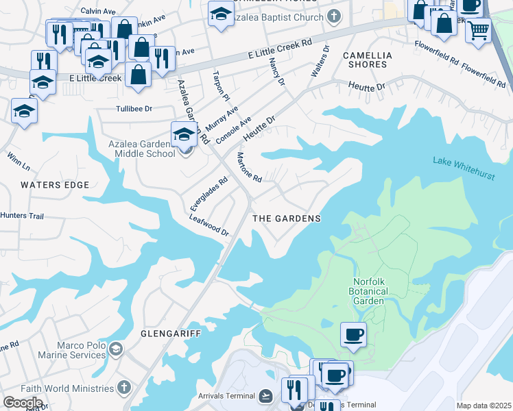 map of restaurants, bars, coffee shops, grocery stores, and more near 7054 Azalea Garden Road in Norfolk