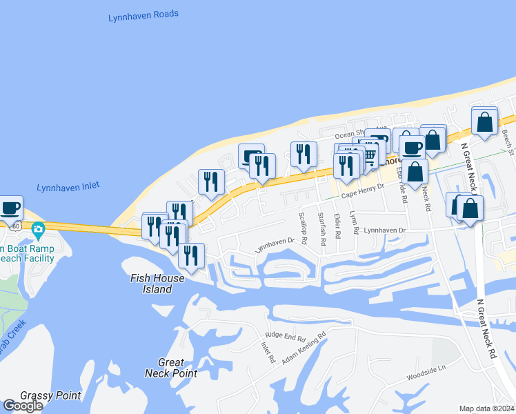 map of restaurants, bars, coffee shops, grocery stores, and more near 2211 Kleen Street in Virginia Beach