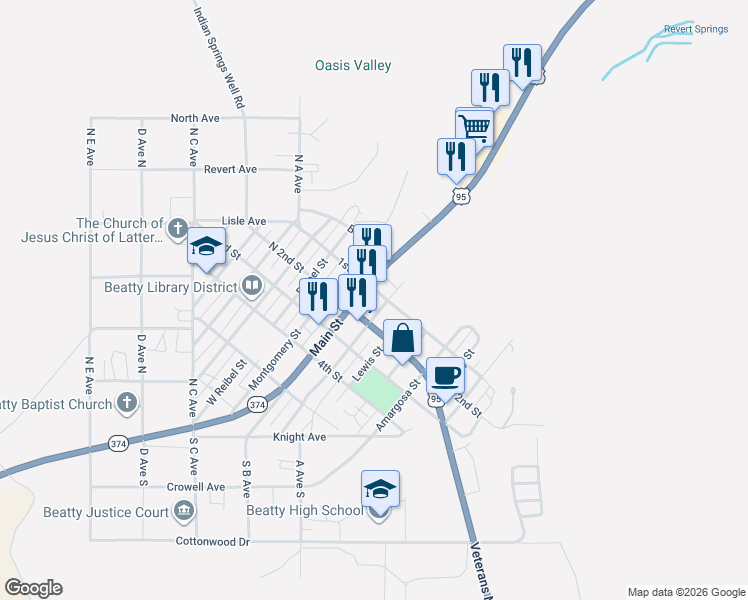 map of restaurants, bars, coffee shops, grocery stores, and more near 119 Main Street in Beatty