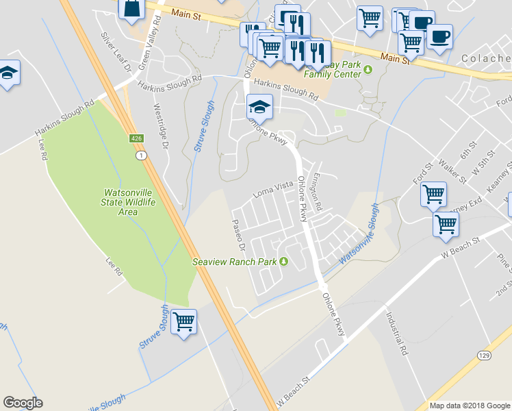 map of restaurants, bars, coffee shops, grocery stores, and more near 8 Pima Street in Watsonville
