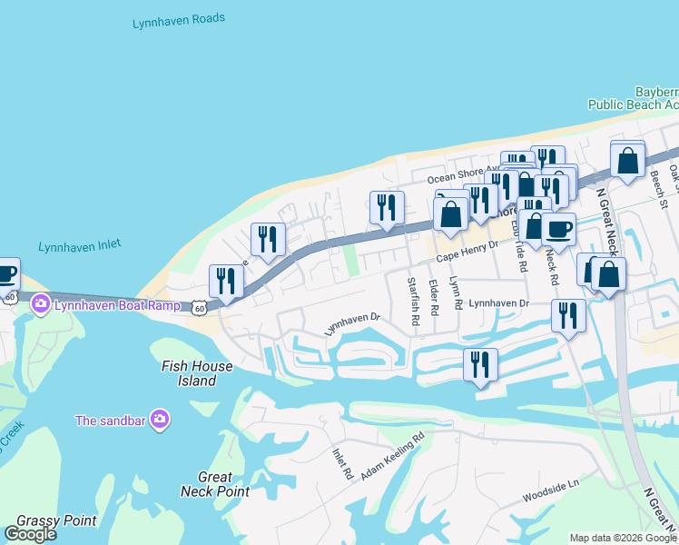 map of restaurants, bars, coffee shops, grocery stores, and more near 3140 Cape Henry Drive in Virginia Beach
