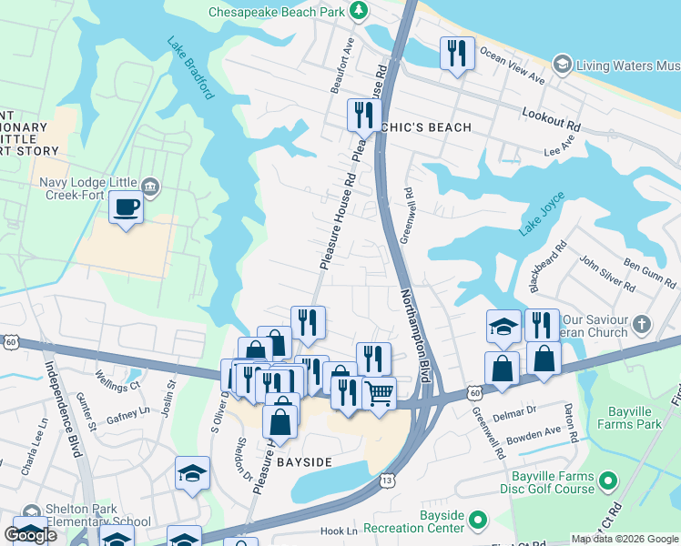 map of restaurants, bars, coffee shops, grocery stores, and more near 4705 Windshore Drive in Virginia Beach