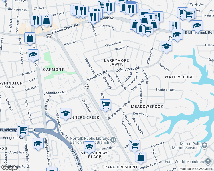 map of restaurants, bars, coffee shops, grocery stores, and more near 7008 Old Mill Road in Norfolk